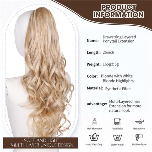 26 Inch Ponytail Extension for Women, Blonde with White Blonde - Picture 5 of 7